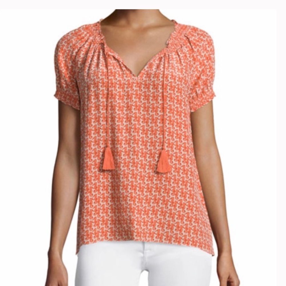 Anthropologie Joie Masha Silk Peasant Blouse with Coral Seahorse Print Size XS